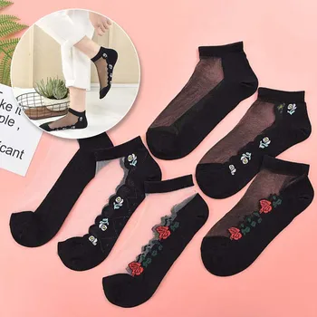 1 чифт дамски къси чорапи лодка, ниски чорапи гърди, модел на цветя, мек невидим нисък маркуч, дамски аксесоари, тъкани чорапи