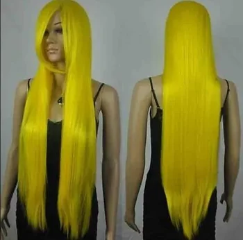 80cm Лолита Дълга ярко жълта права рампа бретон ролева игра влакна коса косплей аниме перука