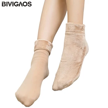 BIVIGAOS Нови зимни топли чорапи Chinlon кадифе удебелени сняг чорапи Anti-пилинг плътен цвят етаж чорап за мъже жени глезена чорапи