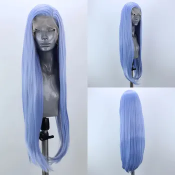 Bombshell светло синьо прави синтетични 13X4 дантела предни перуки високо качество топлоустойчиви влакна коса за бели жени косплей перуки