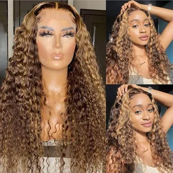 Glueless Highlight Blonde Preplucked Soft 26Inch Long 180% Density Kinky Curly Deep Lace Front Wig For Women With BabyHair Daily