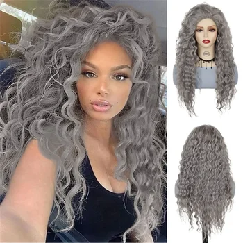 GNIMEGIL синтетични сива коса дълги водни вълни перуки за жени естествени пухкави къдрава вълна перука косплей Хелоуин парти топлоустойчив