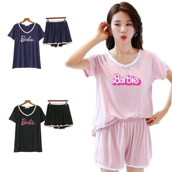 Kawaii карикатура Барби печат жените плюс размер къс ръкав шорти пижами набор момичета модален памук удобни дрехи за дома