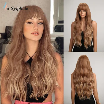 La Sylphide Long Wavy Brown Wig Синтетични перуки с бретон за жени Daily Party Use Natural Wigs High Temperature Hair