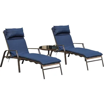 LOKATSE HOME 3 броя открит вътрешен двор шезлонги столове комплект регулируеми със сгъваема маса, тъмно сини възглавници