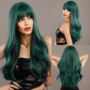 NAMM Лавандулова дълга вълнообразна зелена перука за жени Daily Cosplay Party Синтетична перука за дълга коса с пухкав бретон топлоустойчиви влакна