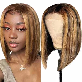 Ombre Highlight Straight Bob Wig Preplucked Straight Lace Front Wig For Women Honey Blond Brazilian Highlight Human Hair Bob Wig