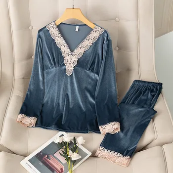 V-образно деколте велур пуловер панталони спално облекло жени пижами комплект фоайе износване 2 части риза и панталони дантела пижами начало дрехи
