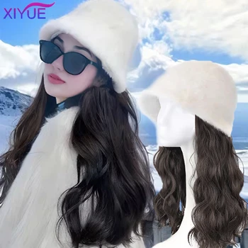 XIYUE Шапка перука едно парче дълга коса на жените естествен синтез къдрава коса модерен есен и зима рибар шапка пълна глава se