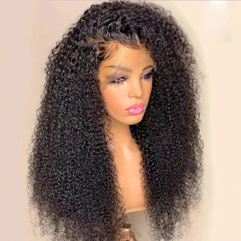 Афро извратени къдрава дантела фронтална перука бразилски Remy човешка коса перуки за черни жени 250% плътност HD прозрачна дантела къдрава коса перука