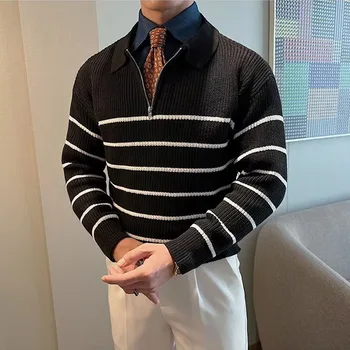 Бизнес ежедневни мъжки трикотаж мода всички мач раиран пуловер мъже есен / зимавръхни дрехи база черно бяло райе пуловер