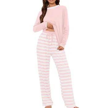 Дамски нови две части пижами комплект мода хлабав кръг врата дълъг ръкав отгоре раирани печатни низ панталони Начало износване пижами комплект