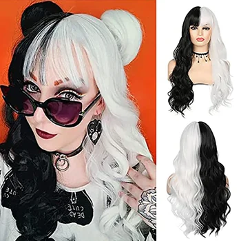 Дълга половина черно-бяла перука вълнообразна дамска къдрава костюм перуки Лолита косплей перука за Хелоуин карнавално парти