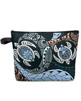 етнически полинезийски текстура цвете морска костенурка синьо обичай козметична чанта преносим грим съхранение торбичка жени водоустойчив молив случай