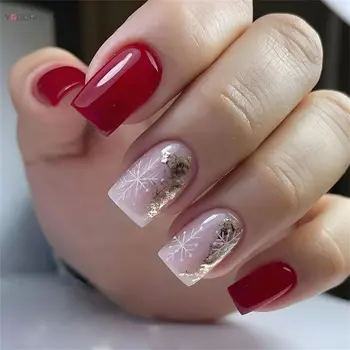 Коледа снежинка фалшив нокти светло розово червени жени за многократна употреба изкуствени нокти пръст декор изкуство нокти грим маникюр декорация