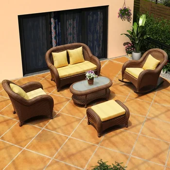 Лозов тъкан диван за отдих, външен двор хол, триместен ратанов стол, слънцезащитни и водоустойчиви мебели
