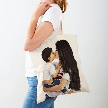 Мода Супер мама и бебе печат дама пазарска чанта за многократна употреба сгъваеми случайни платно платно жени купувач чанти голяма пазарска чанта