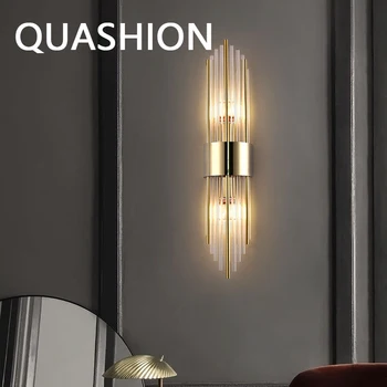 Модерен дом кристал стена лампа спалня декорация стъкло абажур злато луксозен sconce светлина скандинавски коридор background LED Lustres