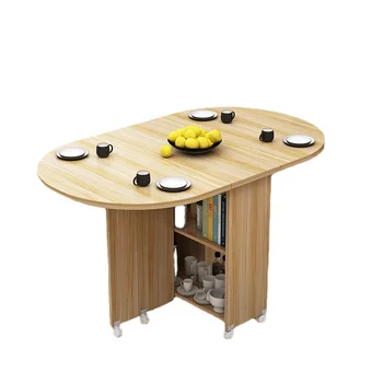 Обикновена кръгла сгъваема маса за хранене Малък апартамент Домакинство Подвижна правоъгълна проста многофункционална маса за хранене с колела