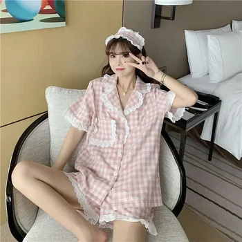 пижама пижама две летни сладки дамски комплекти корейски износване комплект нощно спално облекло шорти шезлонги флорални дома костюм парче волан стил