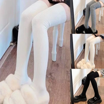 Плътен цвят над коляното дълги чорапи жени оребрени плетени раирани бедрото високи чорапи