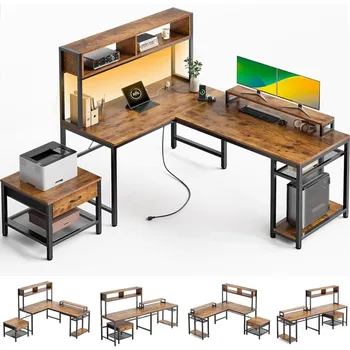 Реверсивно ъглово бюро с рафт за съхранение и стойка за монитор L-образно компютърно бюро с електрически контакт & LED лента Товари безплатно